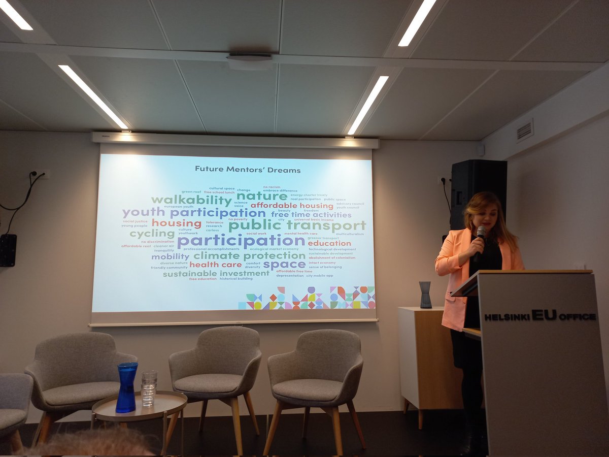 Terhi_M's tweet photo. What are today's young people, #FutureMentors, dreaming about in their cities? #participation #nature #walkability, to name just a few - presented my @MillaOvaska of @EspooEsbo , at the event by Espoo, @EUROCITIES , and @HelsinkiEU . #MakeWithEspoo #InnovationEspoo https://t.co/6KGdSotLnq