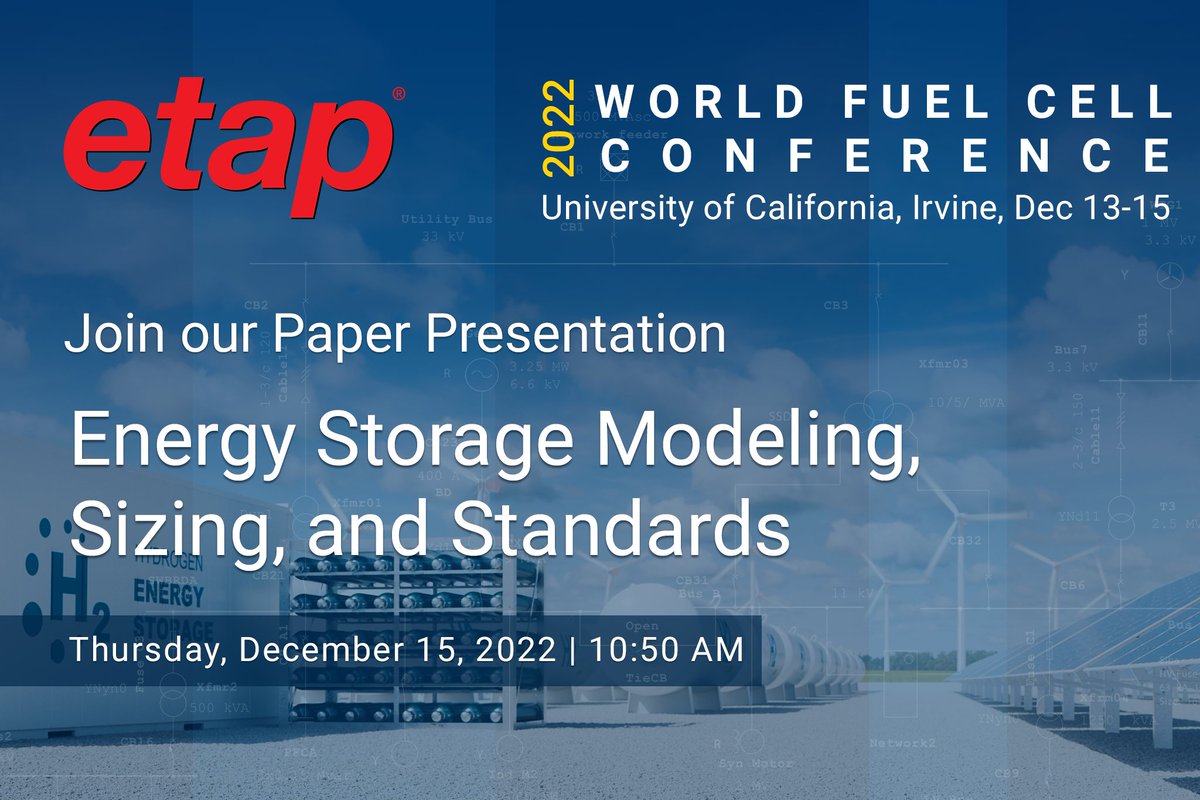 ETAP's VP of Optimization and AI, Ahmed Saber, speaks at the 2022 Word Fuel Cell Conference in Irvine, CA next week. Be sure to join his presentation on Energy Storage Modeling, Sizing, and Standards - onsite or hybrid. iahe-fcd.org/wfcc2022
#energystorage #renewableenergy