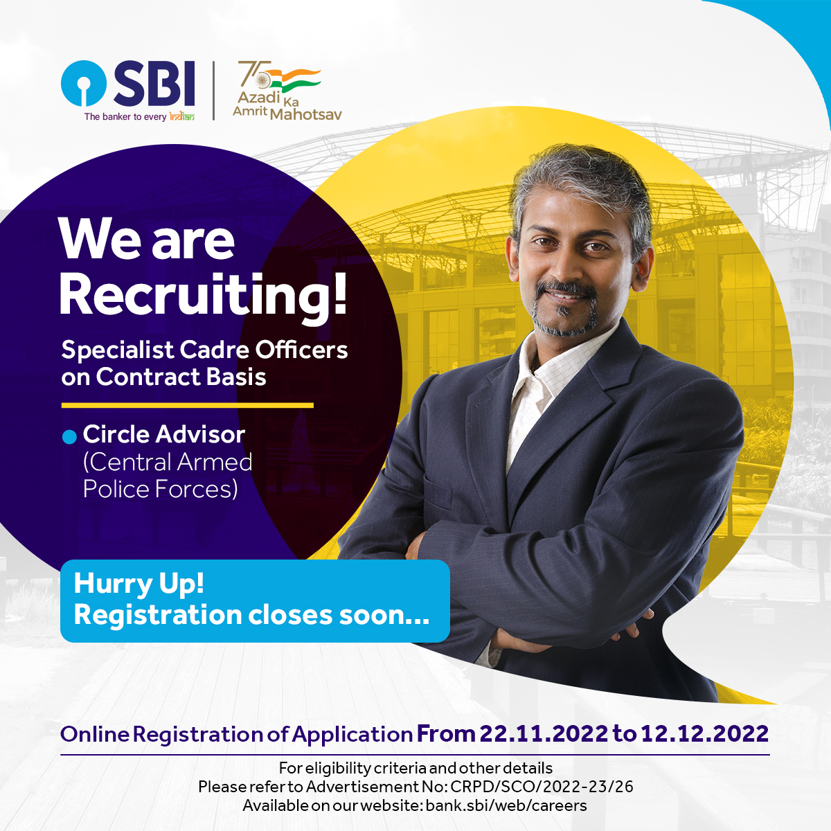TheOfficialSBI's tweet photo. State Bank Of India is recruiting Specialist Cadre Officers on regular and contract basis for multiple positions.

To apply, visit: https://t.co/TquwQ1JeG0

Hurry Up! Registration closes soon.

#JoinSBIFamily #SBI #StateBankofIndia #AmritMahotsav https://t.co/OOm2WCA0GB