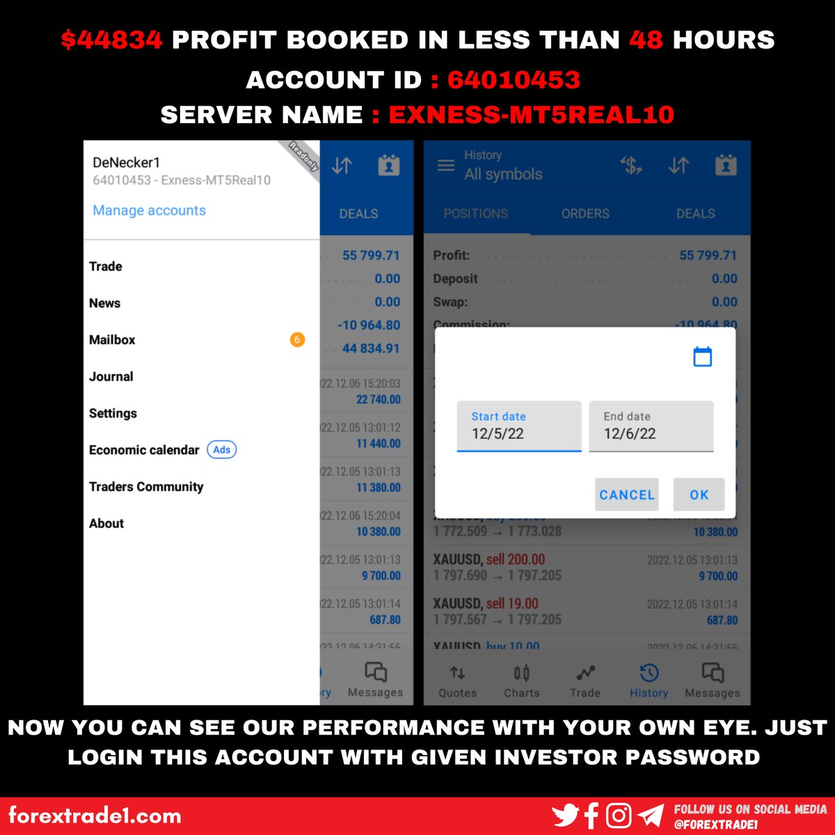 $44834 PROFIT BOOKED IN LESS THAN 48 HOURS.
»Start Date : 25/8/2022
»Login Id : 64010453 
»Investor Password : ASK US
»Server Name : Exness-MT5Real10
»Account Type: MT5

#forextrade1 #forex #forexmoney #money #MoneyTalks #investing
