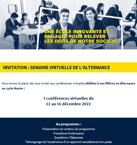 NalpasTatyana's tweet photo. C'est la semaine prochaine ! Nous vous invitons à participer aux webinars dediés pour chaque une de nos 7 filières en alternance --> vous trouverez les liens d'inscription ici :  https://t.co/r4X6nBcKZF @alexia_essery @Livia_Fetea @admission_ieseg @CyrielleMOREAU1 https://t.co/uSqodXJuso