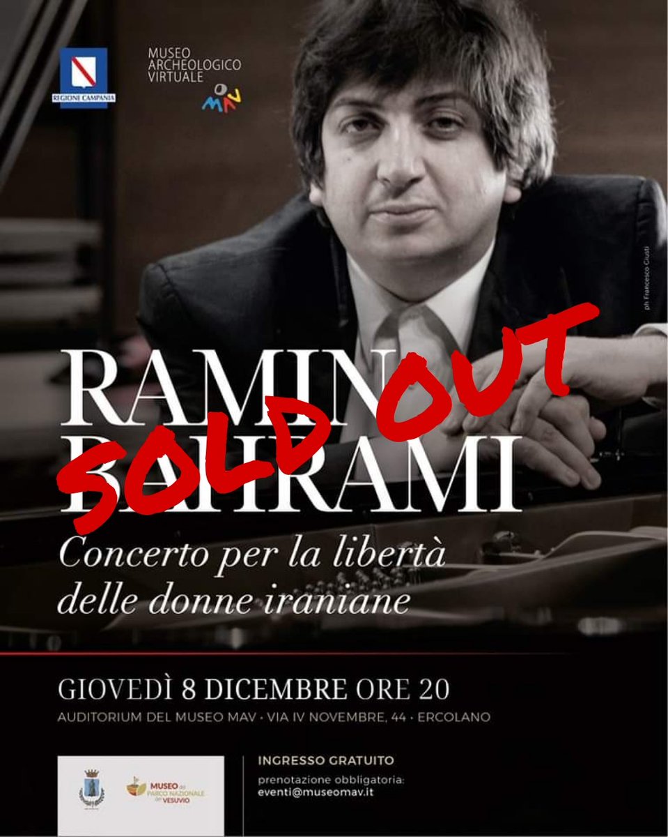 Il CONCERTO DI RAMIN BAHRAMI È SOLD OUT.

Il concerto che si terrà domani presso Il Mav ha terminato la capienza disponibile. 
Ove mai ci fossero disdette di prenotazioni,sarà nostra premura avvisare chi ci ha contattato via mail : eventi@museomav.it.
#RaminBahrami
#mavercolano