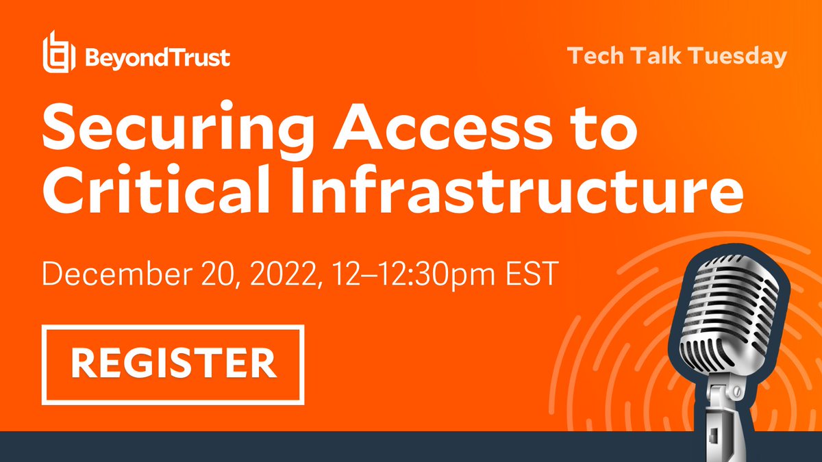 Tech Talk Tuesday: Securing Access to Critical Infrastructure

Register now:
beyondtrust.com/webinars/tech-…

#TechTalkTuesday #Webinar #privilegedaccess #BeyondTrust