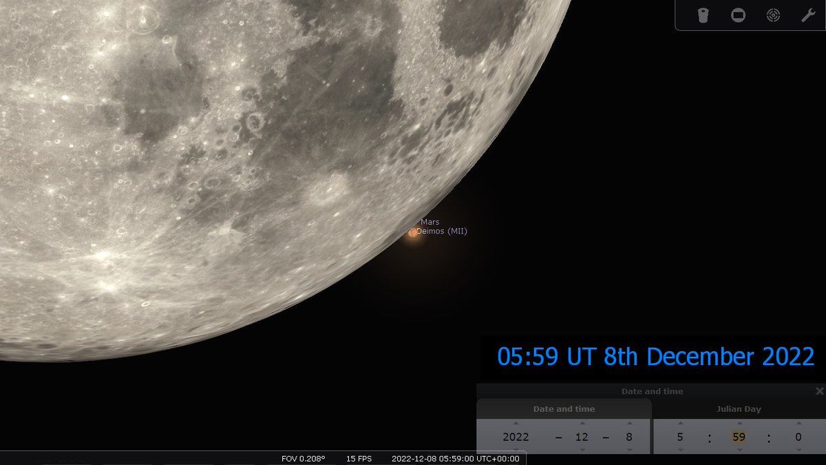 1/2 Tomorrow morning (Thursday 8th December) the #Moon is going to #occult #Mars. This is visible from the whole of the UK. From North Oxfordshire Mars will disappear at 04:49 and will re-emerge at 05:59 UT. The exact timings will differ from your location #LunarOccultationofMars