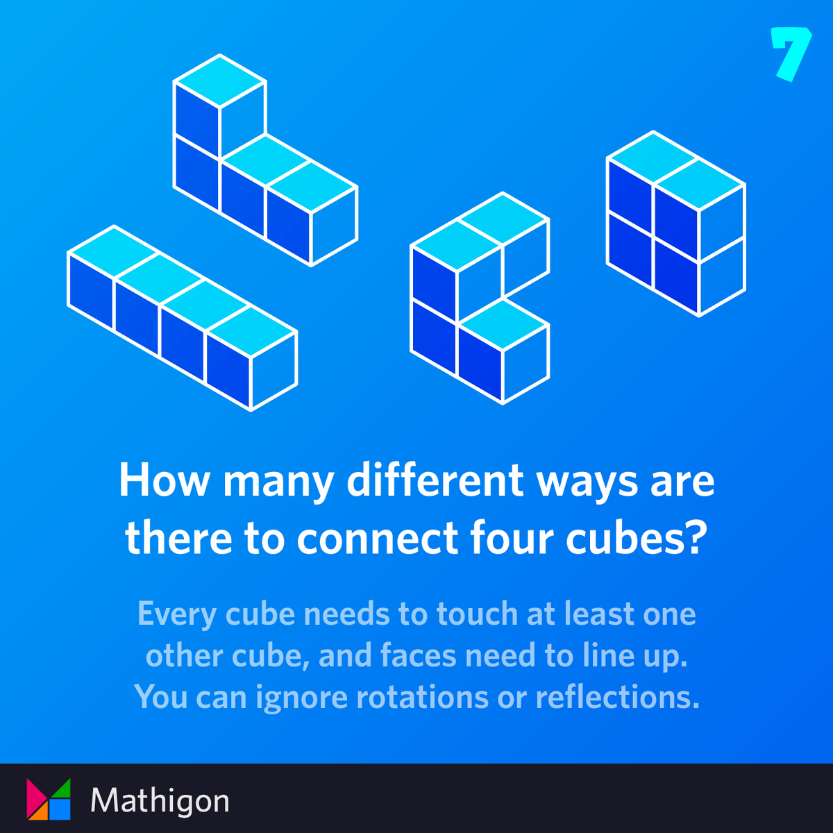 DAY 7: How many different ways are there to connect four cubes? Every cube needs to touch at least one other cube, and faces need to line up. You can ignore rotations or reflections.

All puzzles and solutions at mathigon.org/puzzles
