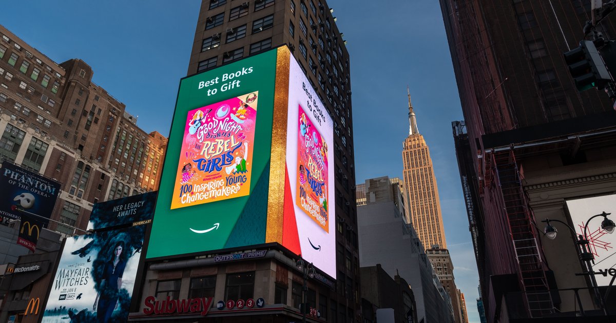 rebelgirlsbook's tweet photo. We’re thrilled to share that Good Night Stories for Rebel Girls is on an @amazonbooks billboard in NYC! Buy 100 Inspiring Young Changemakers and check out more of the best books to gift this season here: https://t.co/otzbNcrcQ1 https://t.co/u31q3QCmxK