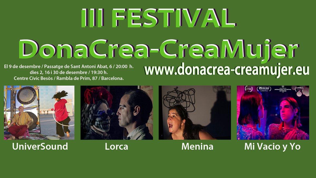 barcelona_cat's tweet photo. 🎭 La tercera Mostra del Festival Dona Crea - Crea Mujer, @FCreamujer, presenta novetats en teatre, cinema, música i dansa i fa una reflexió sobre la marginació de sexes.

🗓️ 2, 9, 16 i 30/12

👩 Gaudeix de les obres de creació amb visió de dona: https://t.co/LQdGnSM7sX https://t.co/gVtUbPolSJ