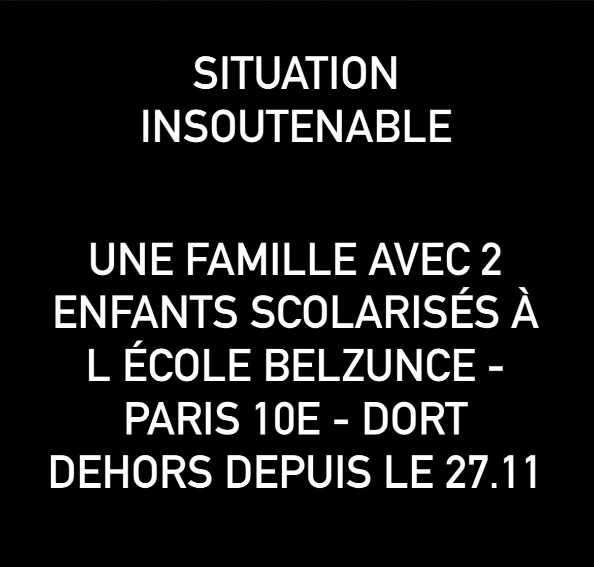 🆘 Appel à l’aide 🆘

Tandis que nous préparons, pour la plupart, les fêtes de fin d’année et que les températures se rapprochent de 0°C…
👋
<a href="/Prefet75_IDF/">Préfecture de la région d’Île-de-France</a> <a href="/OlivierKlein93/">Olivier Klein</a> <a href="/julienbayou/">Julien Bayou</a> <a href="/Anne_Hidalgo/">Anne Hidalgo</a>    <a href="/ACORDEBARD/">Alexandra Cordebard</a> <a href="/leafiloche/">Léa Filoche</a> <a href="/IanBrossat/">Ian Brossat</a> <a href="/ElieJoussellin/">Elie Joussellin</a> <a href="/algrain_paris10/">Algrain Eric</a> <a href="/pbloche/">Patrick BLOCHE</a>