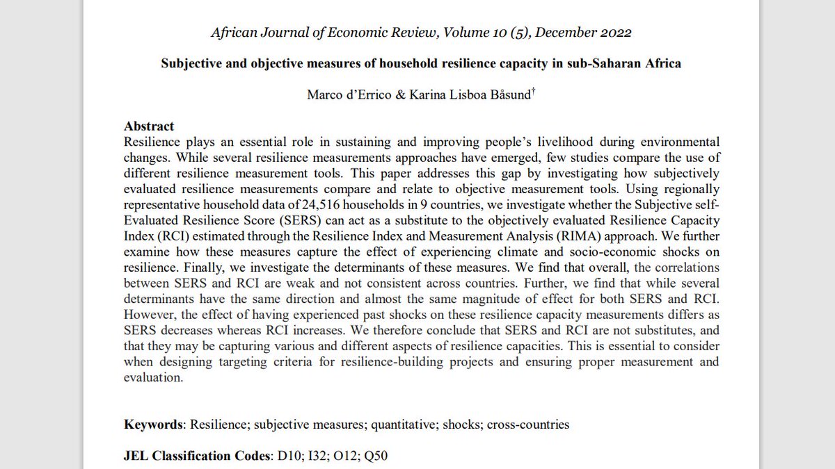 drskid's tweet photo. Happy to share our latest publication, on Subjective and objective measures of household resilience capacity in sub-Saharan Africa. Published with #karinabasund #RIMAteam on African Journal of Economic Review! access here https://t.co/IWSqaAgqNd https://t.co/uqZhHKNduy