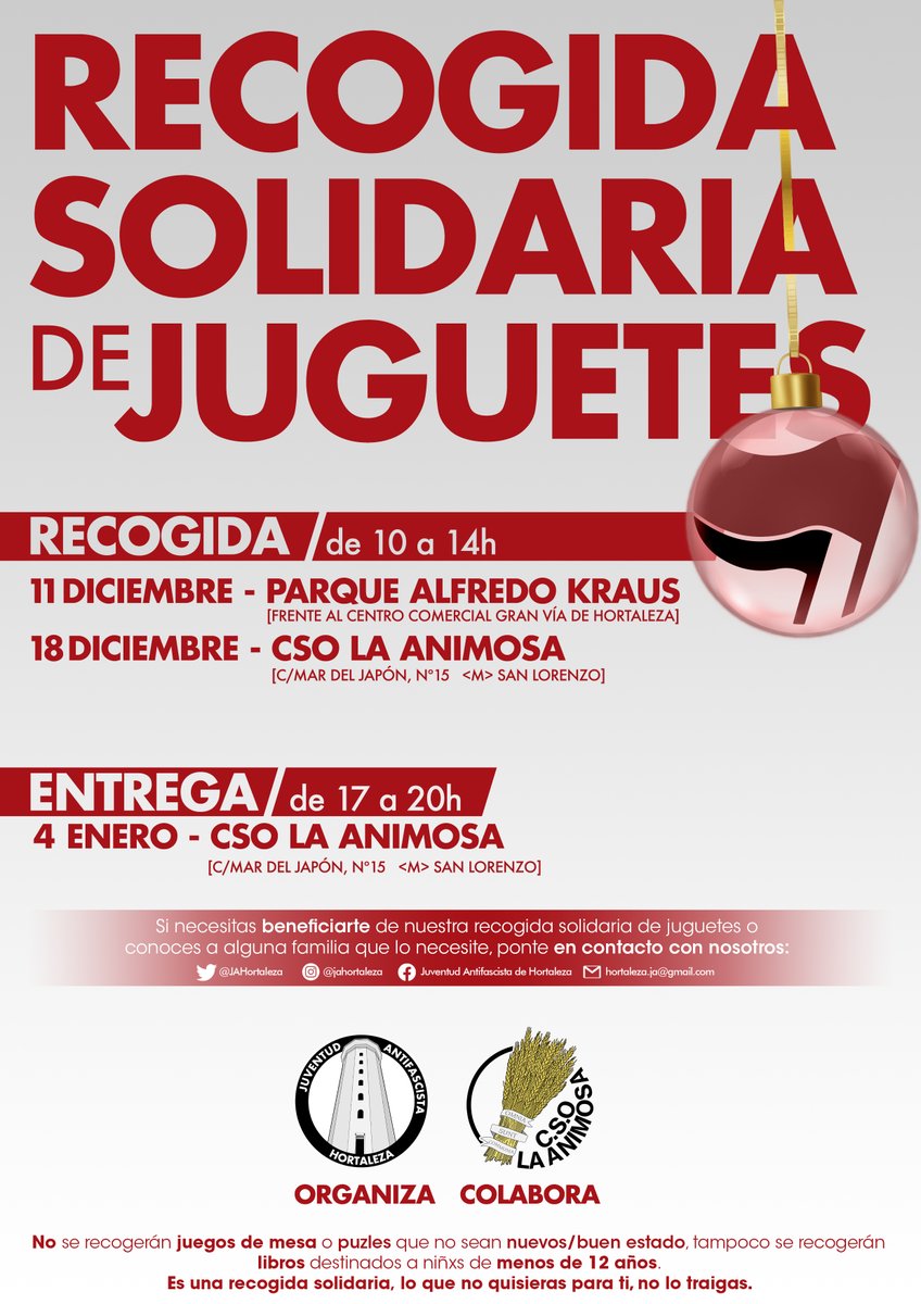 JAHortaleza's tweet photo. 🎁🎄RECOGIDA SOLIDARIA DE JUGUETES🎁🎄

Por tercer año consecutivo, iniciamos la recogida solidaria de juguetes de Hortaleza. Ven y colabora con nosotrxs:

📅11/12 RECOGIDA en el Parque Alfredo Kraus
📅18/12 RECOGIDA en 
@CSOLaAnimosa

¡Solo el barrio salva al barrio! https://t.co/BR76OcrNlC