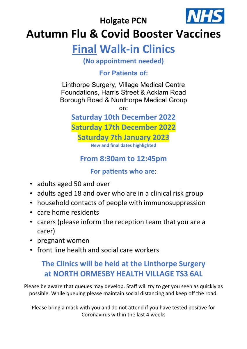 PatientForumBRN's tweet image. 𝗙𝗜𝗡𝗔𝗟 three Flu and Covid vaccination clinics, 10th December, 17th December, 7th January, 08:30-12:45 at Linthorpe Surgery, North Ormesby Health Village. @drslinthorpe @foundationstees