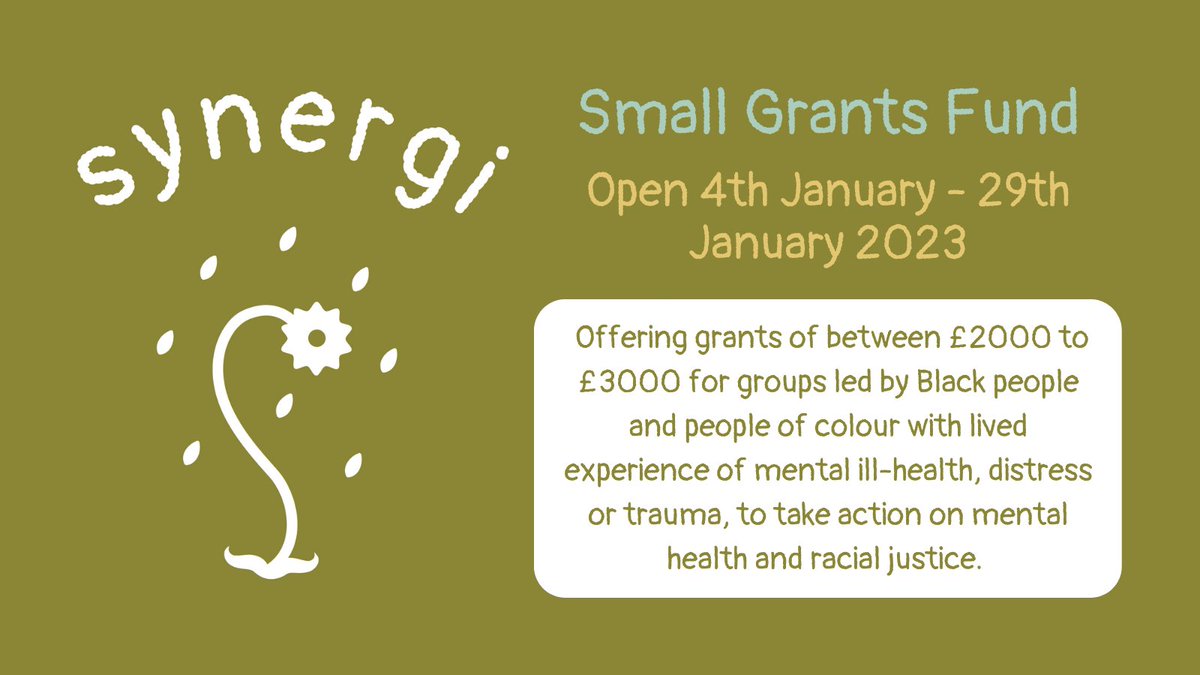 The Synergi Fund offers grants of £2000-£3000 to groups led by &amp; for Black people &amp; people of colour to take action on mental health &amp; racial justice

An informational webinar about the Fund will take place on Weds 14th Dec.

More info &amp; register for the webinar in this thread👇