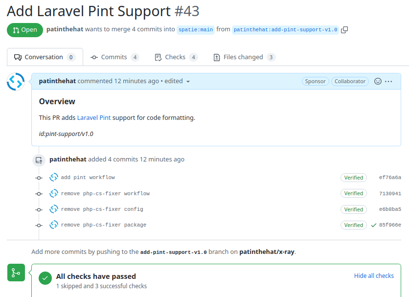 PatDeveloper's tweet photo. I just tested a new action for my @github automation app that converts automatic code formatting from php-cs-fixer to Laravel Pint on a few @spatie_be repositories... ~10.2 seconds per PR 🚀 https://t.co/2qNObBeSrz