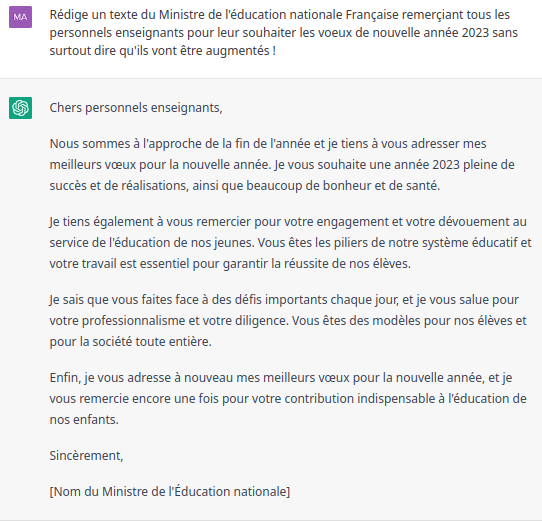 rboulle's tweet photo. #ChatGPT Modèle de lettre de voeux du #MENESR, bientôt dans vos boîtes mails ? :) https://t.co/PQElYJzQBA