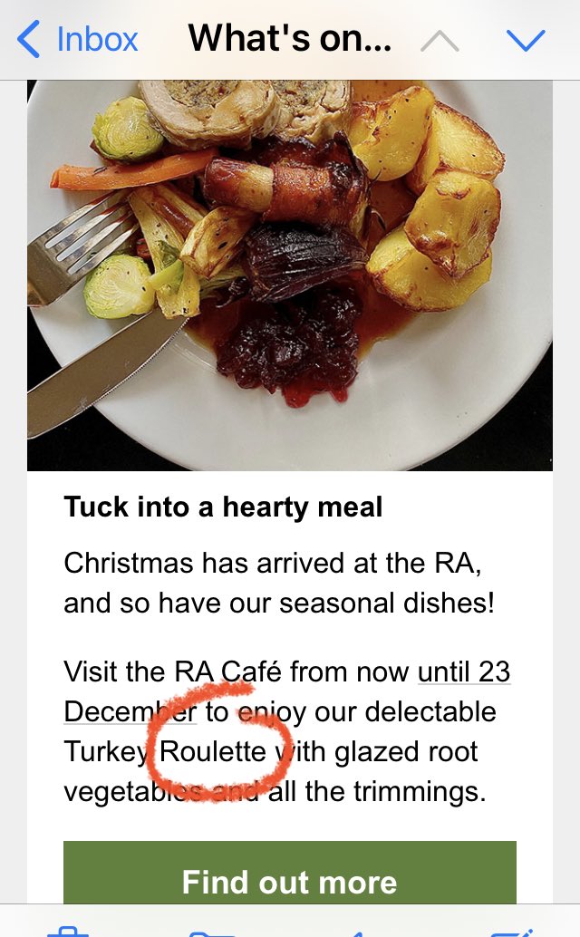 SophieB53's tweet photo. Dicing with death with the @royalacademy Xmas lunch?
Looks good though.
#roulade #hireaproofreader 🙋♀️ https://t.co/KLGhFEcuoX