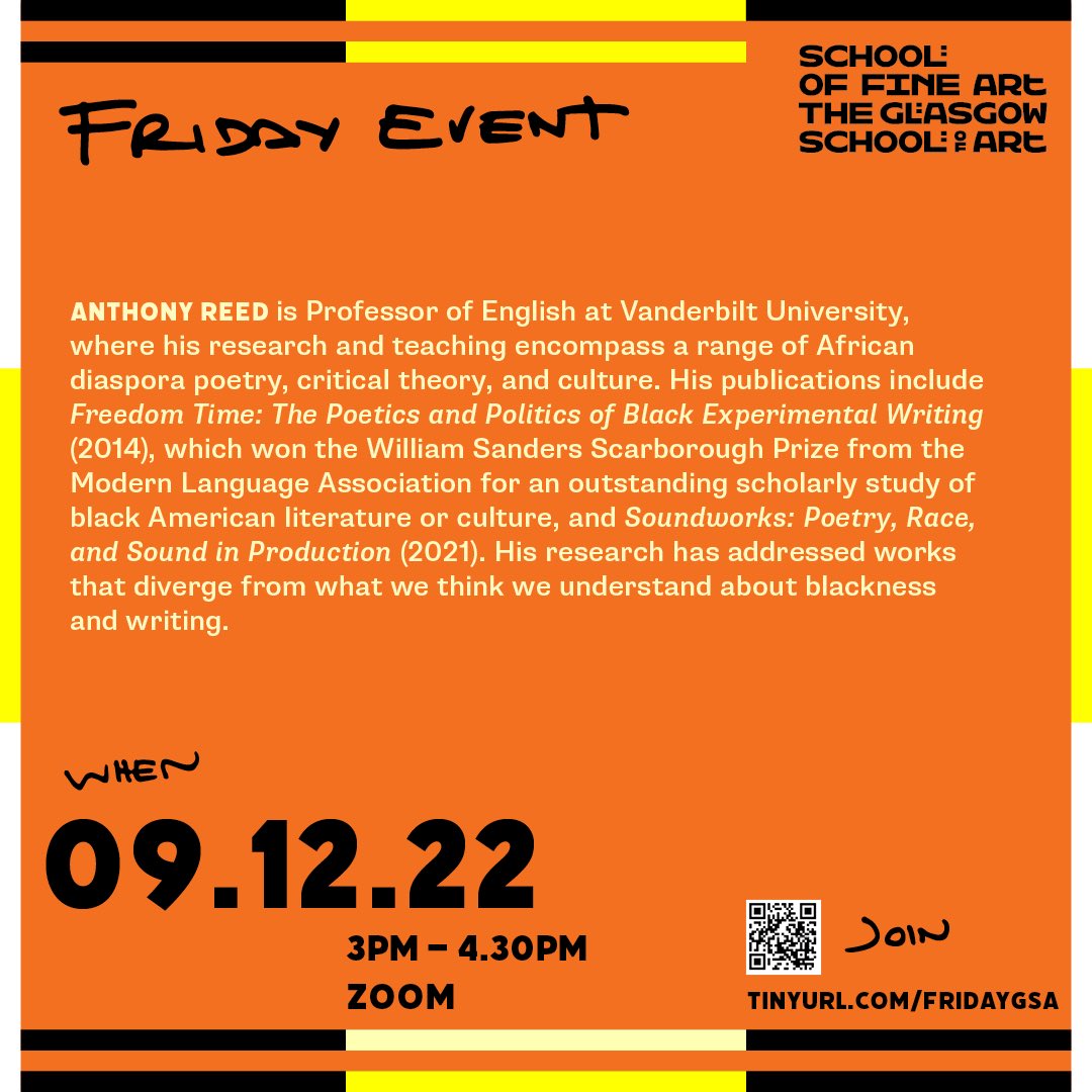 sofafridays's tweet image. This Friday is our last @sofafridays of the semester. We’re delighted to reschedule Anthony Reed (@_blackpoetics) with Hannah Van Hove (@HannahVanHove). Anthony will join us from Nashville, Tenessee, &amp;amp; Hannah in Brussels, Belgium on Zoom at 3pm GMT, Friday 9 December.