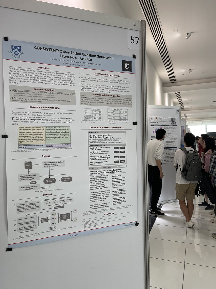TuhinChakr's tweet photo. #gemworkshop22 poster session happening now. Come by to hear about work on generating open ended questions done with @NYTimesRD and @nycmedialab https://t.co/GUtw3fLLGo