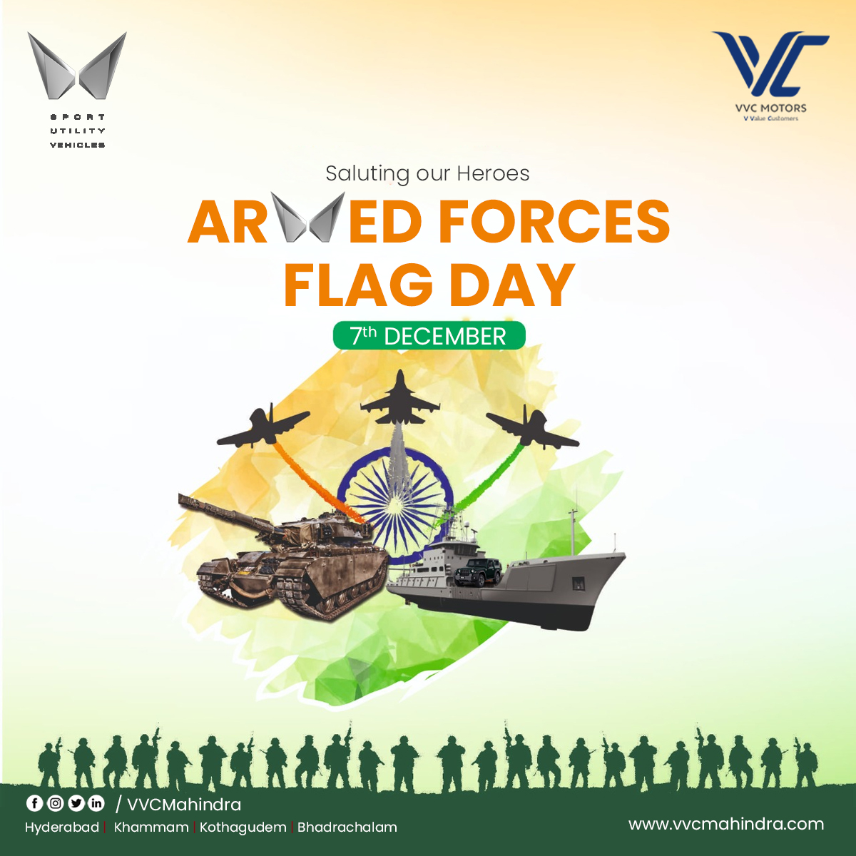vvc_group_'s tweet image. On Indian #ArmedForcesFlagDay, let&apos;s show our admiration for the martyrs and the living heroes who valiantly fought &amp;amp; continue to protect us and safeguard the country&apos;s honor.

#ArmedForcesDay #ArmedForcesDay2022 #Army #Navy #AirForce #India #VvcMahindra #VvcGroup