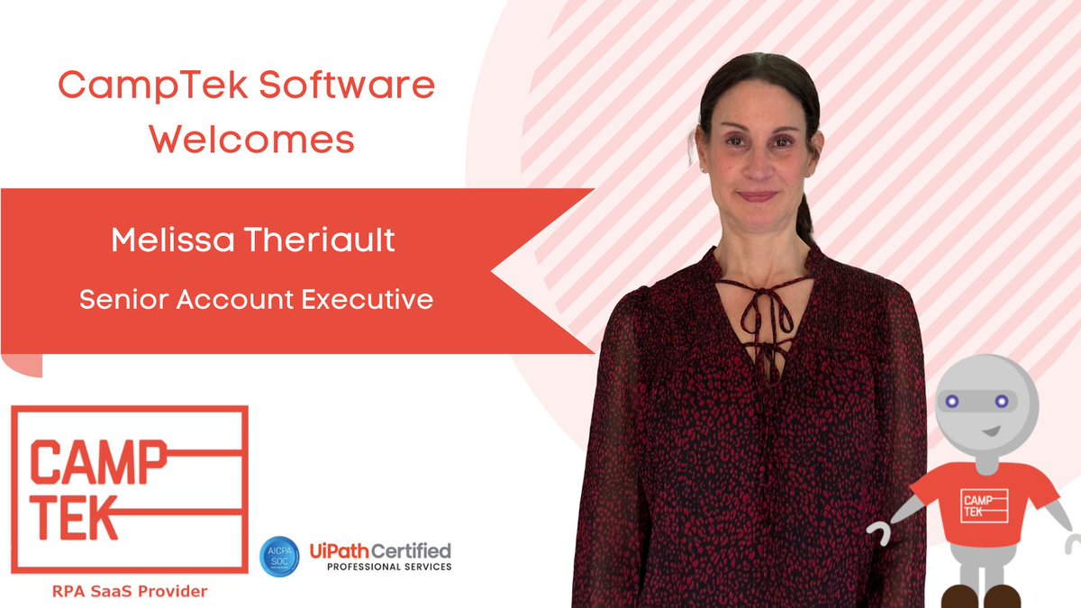 CampTekRPA's tweet image. A big welcome to Melissa Theriault, our new Senior Account Manager! We&apos;re so thrilled to have Melissa on the team, keep an eye out for her at conferences in the near future! #RPA #Automation Connect with Melissa: bit.ly/3XXFnqo