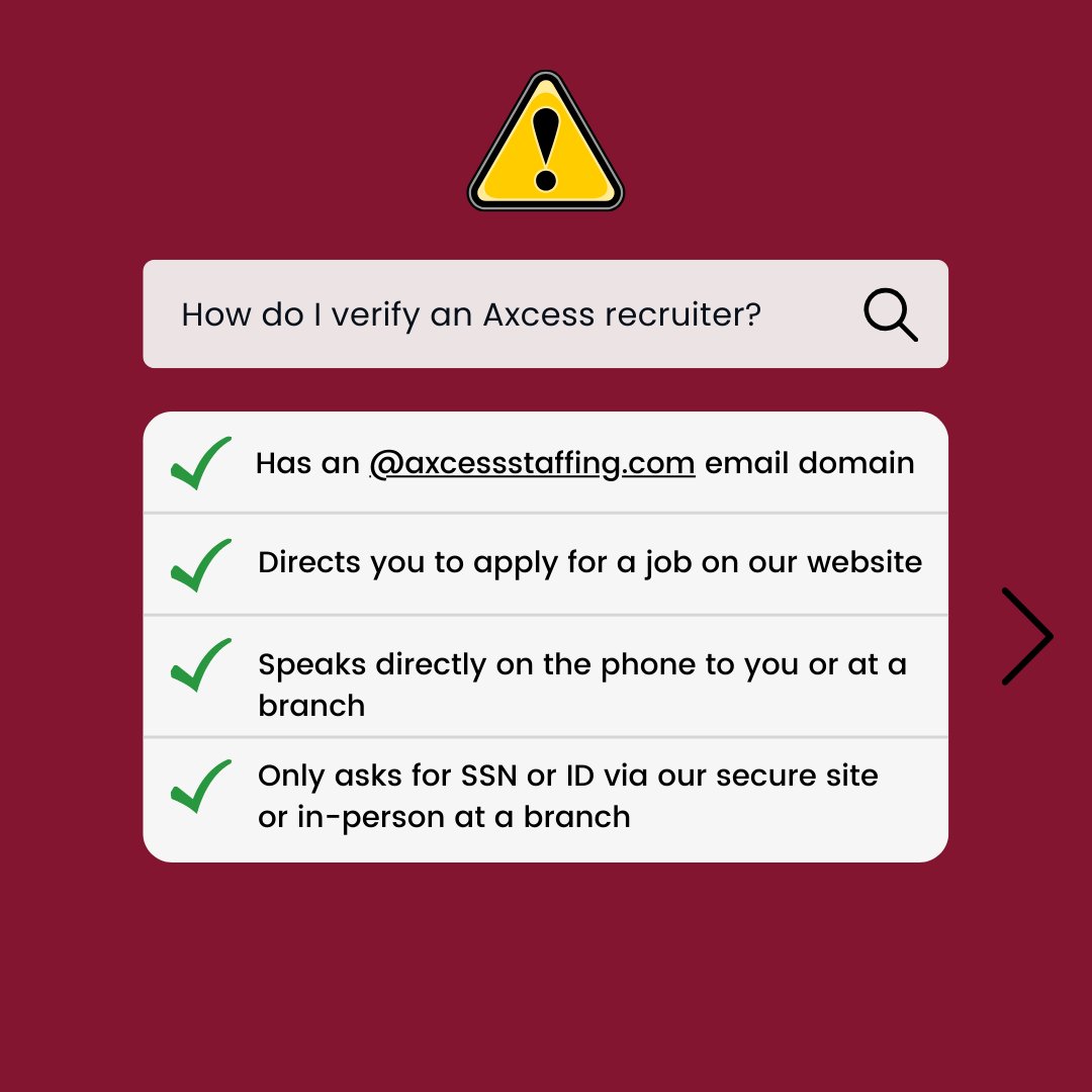axcess_staffing's tweet photo. Please take these steps to protect yourself from online scams. Here's how to tell if you're working with an Axcess recruiter. ⚠

#AxcessStaffing #staffingagency #staffing #scamalert https://t.co/iESzaD7b9n