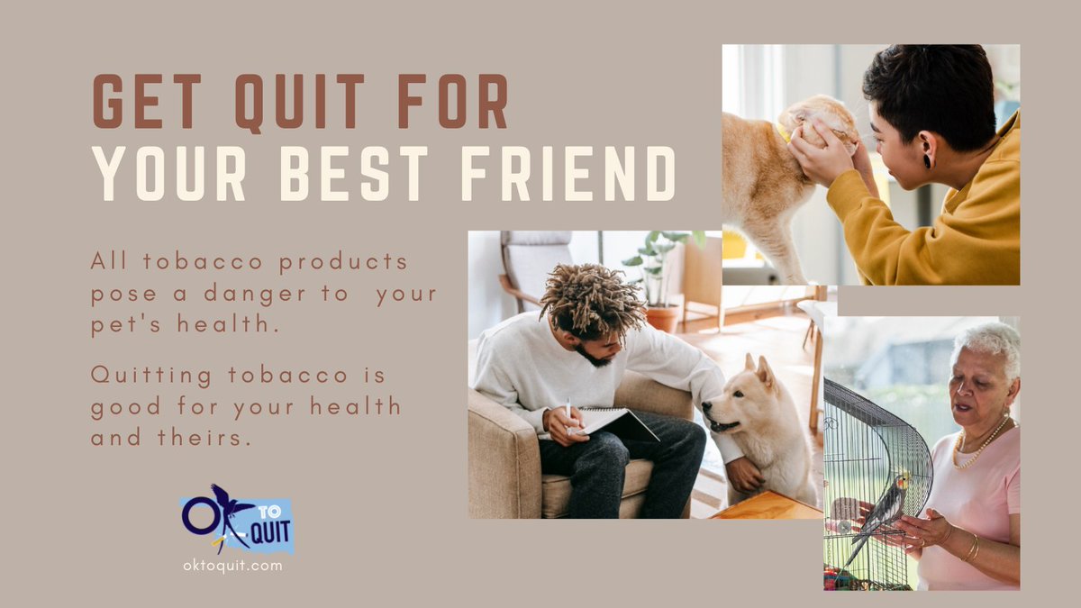 #Pets: just another wonderful reason to quit. Reduce
your pet’s chance of cancer by preventing secondhand
and thirdhand smoke exposure. Ask your doctor for help quitting for you and your #BFF.  
#OKtoQuit #petsarefamily #secondhandsmoke #BestFriends #OklahomaCity #tulsa #Oklahoma