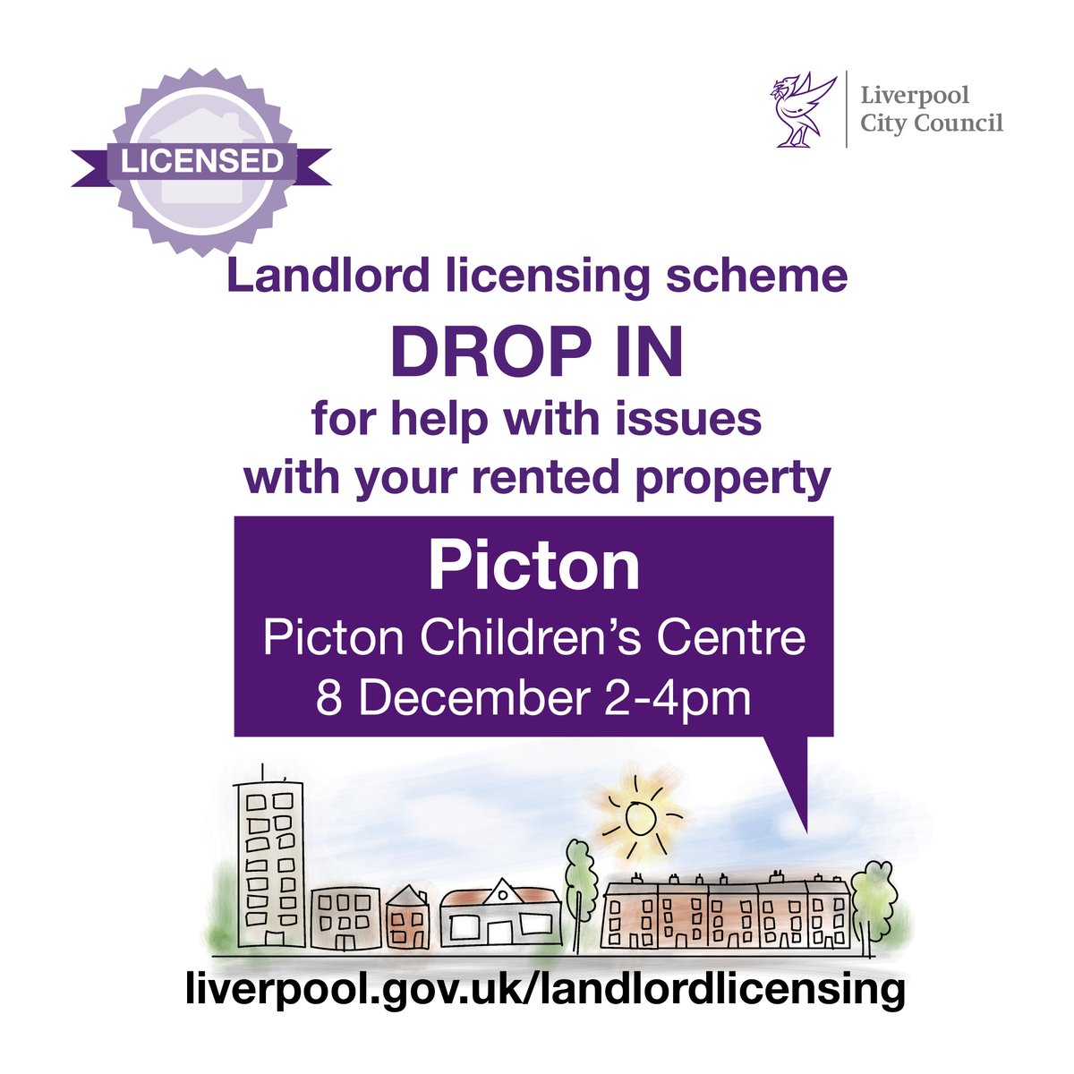 A drop-in event for tenants in private rented housing who have issues with their property is taking place at Picton Children's Centre on Thursday 8 December from 2-4pm, hosted by the council's Landlord Licensing team. Come along if you have issues with damp, hazards or ASB.