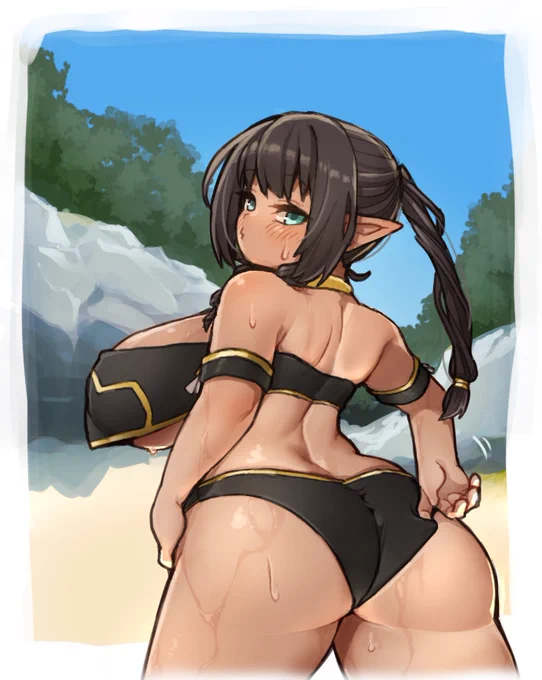 依頼絵納品しました!「オリジナルキャラの夏の水着イラストを描いてください!水着を直しているところを描いてください!もちろんケツはデカくね!(意訳)」とのことでしたので描きました! 