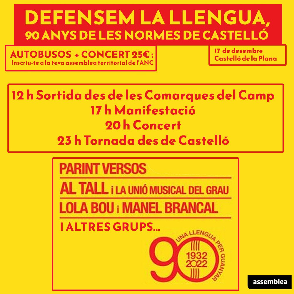 El proper dissabte 17N a Castelló de la Plana es commemora els 90 anys de les Normes de Castelló. 

Una jornada en defensa de la llengua que compartirem amb els companys de <a href="/Decidim_/">Decidim</a> del PV. 

Vine amb el bus de l'<a href="/assemblea/">Assemblea Nacional Catalana</a>  des de Reus!