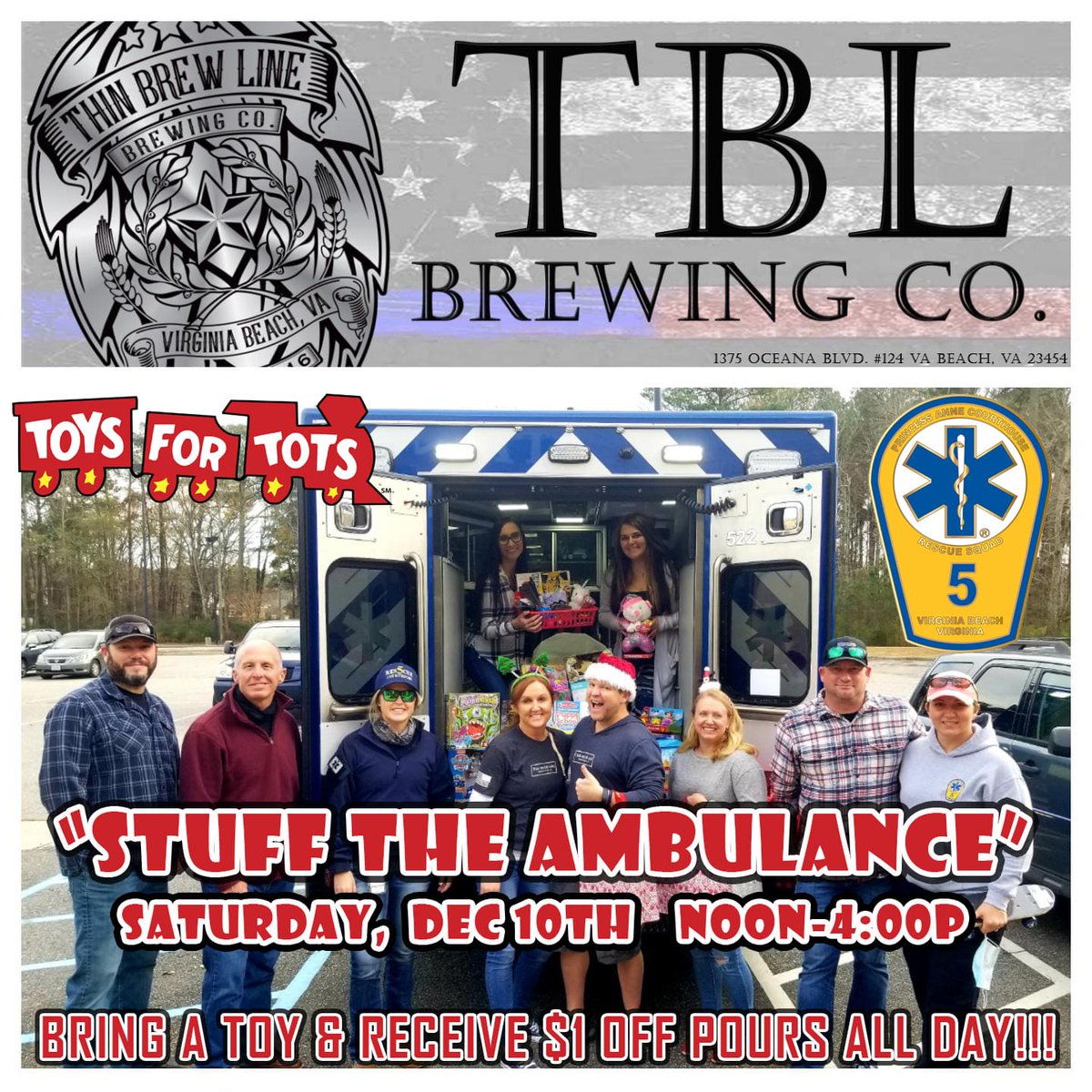 ThinBrewLineVA's tweet photo. This Saturday kicks off our Season of Giving!
#SeasonOfGiving2022
#ThinBrewLine
#Toys4Tots https://t.co/Voym4MrVae