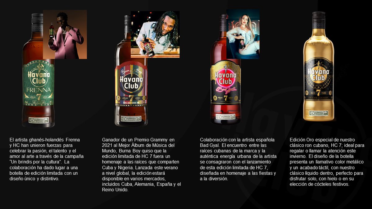 MuseodelRonHC's tweet photo. Havana Club's most recent awards at "The Spirits Business Design Masters" event:

• Havana Club 7 x Bad Gyal - 🥇
• Havana Club 7 x Burna Boy - 🥇
• Havana Club 7 x Frenna - 🥈
• Botella de Oro Havana Club - 🥈

👉 61 awards so far in 2022, and 397 since 1994. 👊! https://t.co/qAWMaaRW97