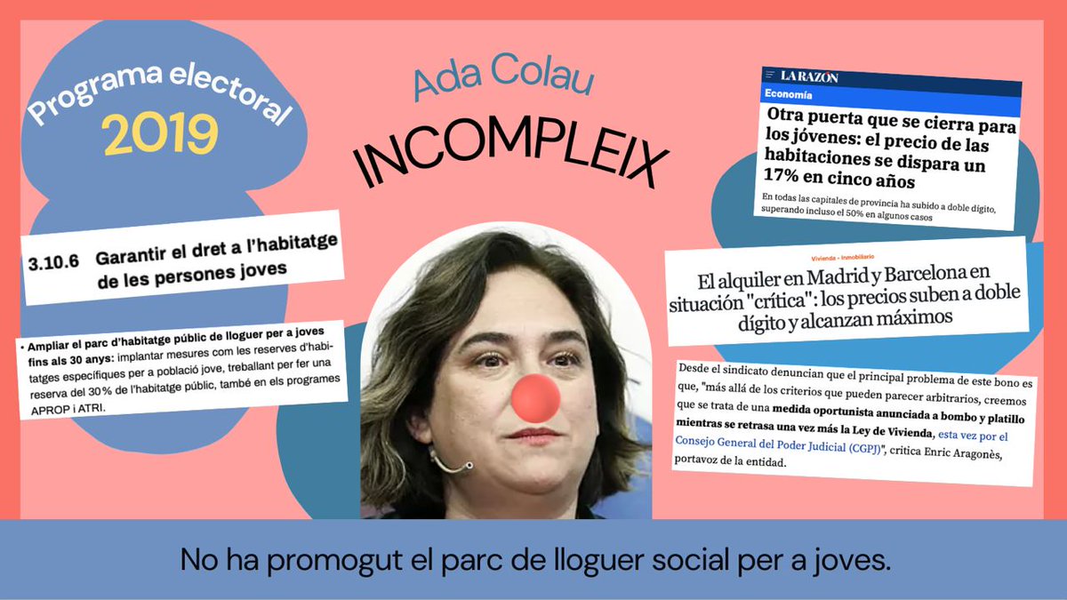 Una altra promesa incomplerta de l'Ada Colau.  Al seu programa electoral parlava de promoure el parc de lloguer social per a joves. ❌ Promesa Incomplerta #ColauNoCompleix #JoNoVoto