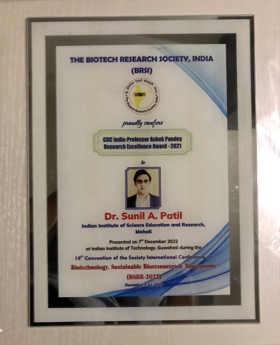 sunil_micro's tweet image. Honored to receive the CDC India-Professor Ashok Pandey Research Excellence award 2021 of the Biotech Research Society of India (BRSI) at #BSBB2022 conference at @IITGuwahati. Grateful to the society, students, collaborators, mentors, and colleagues. 🙏🙏