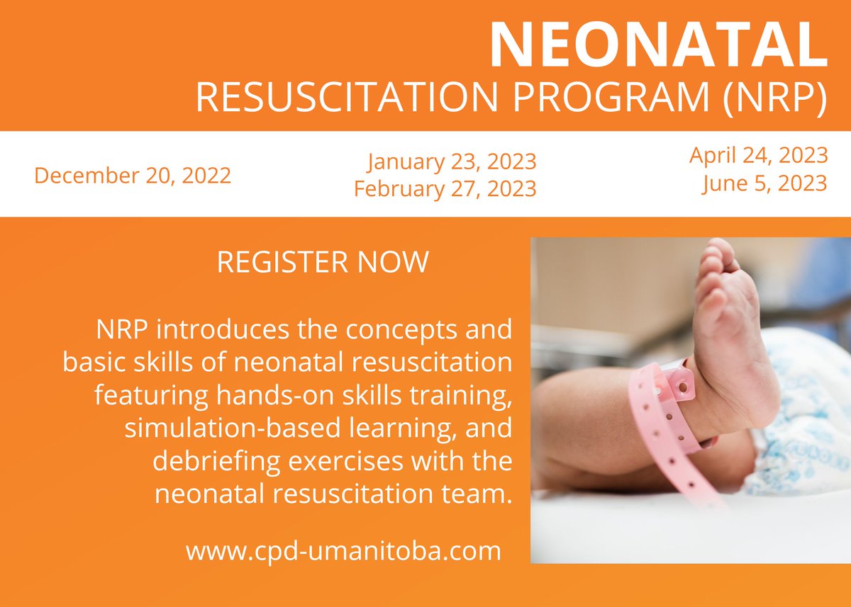 Register Now for the #NeoNatalResuscitationProgram at cpdumanitoba.com. Numerous dates available and is a prerequisite for ACoRN, Acute Care of at-Risk Newborns. <a href="/CanPaedSociety/">Canadian Paediatric Society</a>