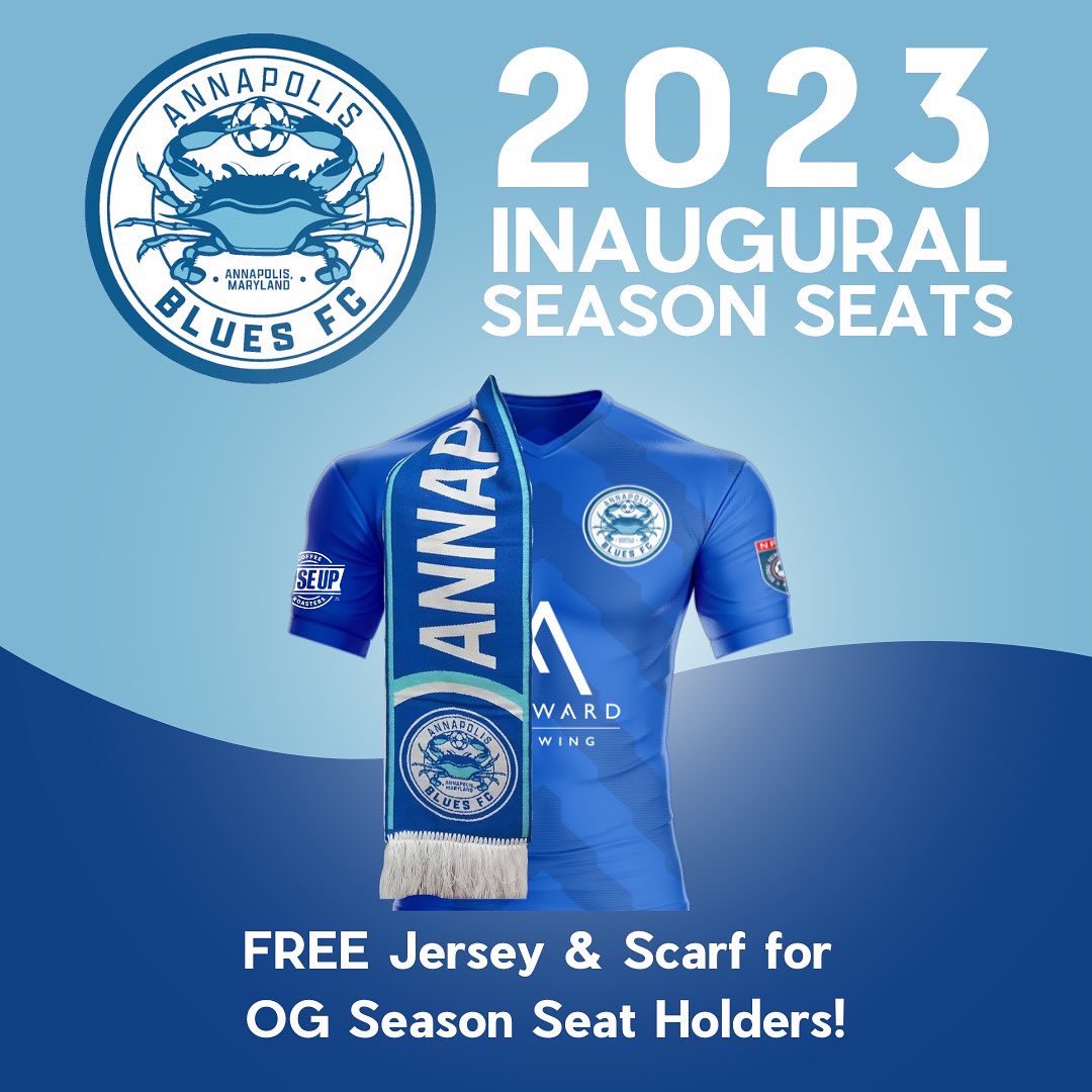 AnnapolisBlues's tweet photo. Not too late to grab Blues Season Seat for the soccer fan in your life. We’ll send you scarf &amp; Season Seat Certificate now to wrap as a gift &amp; you’ll get FREE Jersey once produced in 2023 Plus other cool benefits plus you can support your hometown team at https://t.co/40XHXTIbbQ https://t.co/B9tLNC3yDB