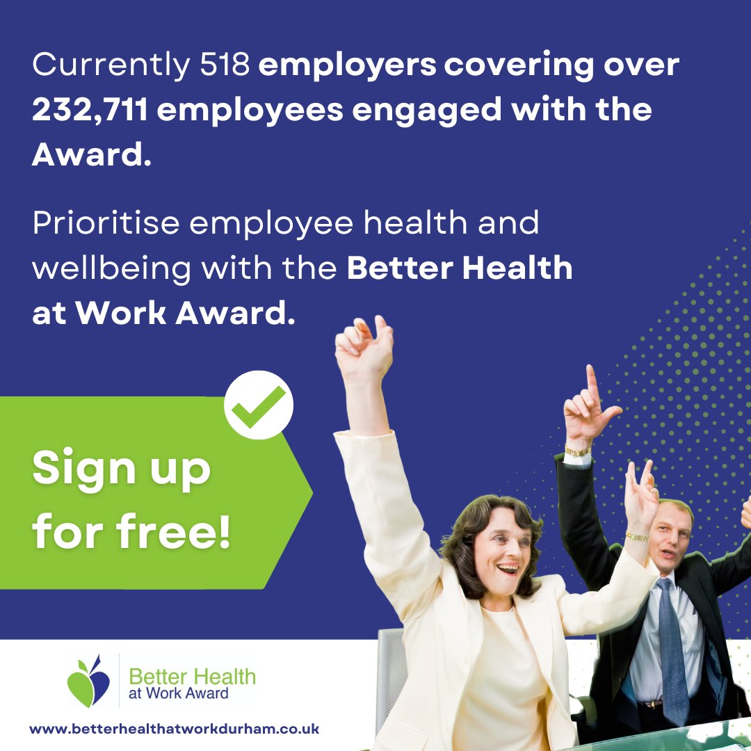 Join leading organisations in taking the first step to prioritise wellbeing in the workplace ✔️

Get recognised for improving health and wellbeing awareness for your organisation with the Better Health at Work Award 👇
betterhealthatworkdurham.co.uk