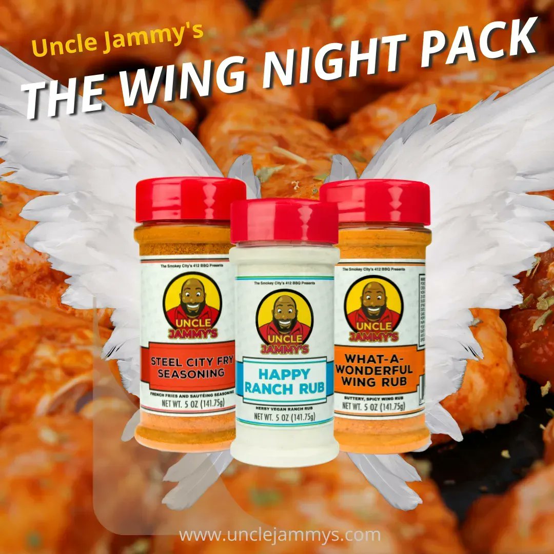 Introducing The Wing Night combo pack. Save 5.00 when you order this trio online. 
.
.
.
#rubs #unclejammys #pabbqchef #rubsandsauces #pittsburghbbq #pittsburghfoodies #pittsburghfoodie #seasonings #seasoningspices #combopack #holidaygiftdeals #wingnight #wingrub #wingrubs