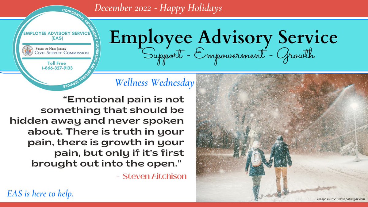 NJCivilService's tweet photo. It’s Wellness Wednesday! The NJ Employee Advisory Service is here for you. EAS offers:

- Support program for State employees &amp; their families
- Confidential counseling &amp; referral services
- 24/7 Emergency Mental Health Services

Email EAS_help@csc.gov for more.

#CSCWorksForYou https://t.co/Q8DVXuRABg
