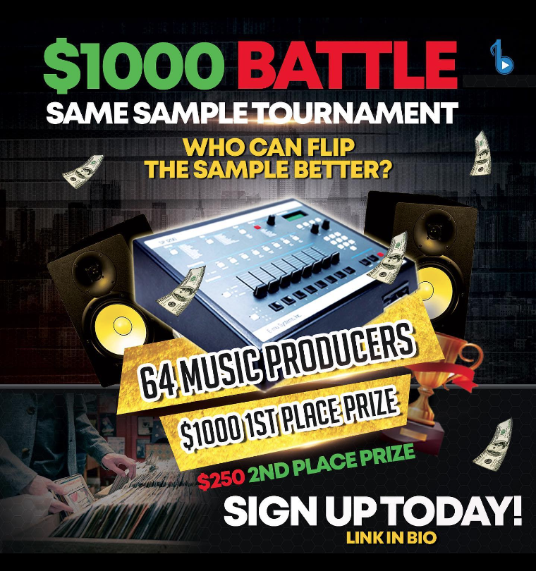 📢#PRODUCERS!!!!! You still have time to get in this tournament!!! Same Sample cash #beatbattle tournament. 

📌1st place gets $1000 cash prize.💵💸 👉 TryBuyBeats.com is hosting its first same sample tournament.

Thread ⬇️⬇️