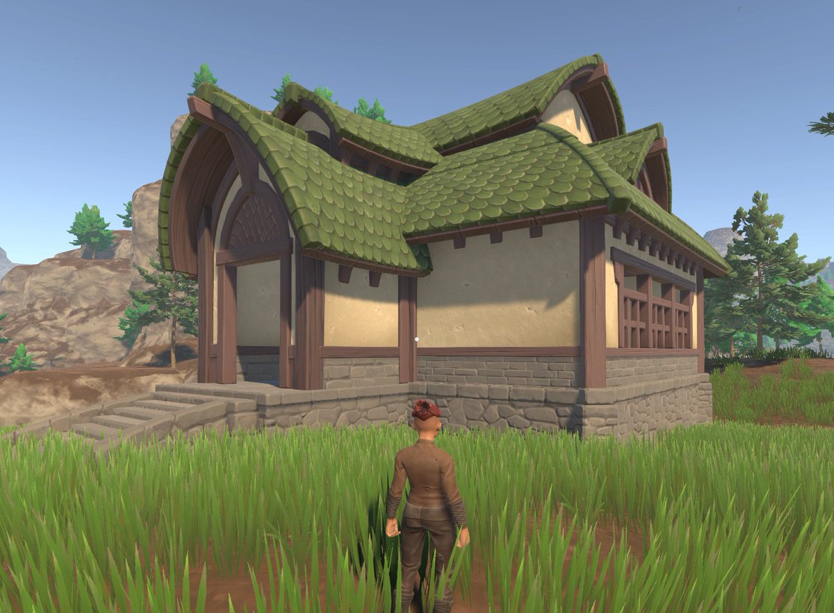 adamiseve's tweet photo. Little WIP house, intricate roof, all made in game in a day (still testing building and materials to get a cohesive and generic set) https://t.co/pmjdXAS4sx