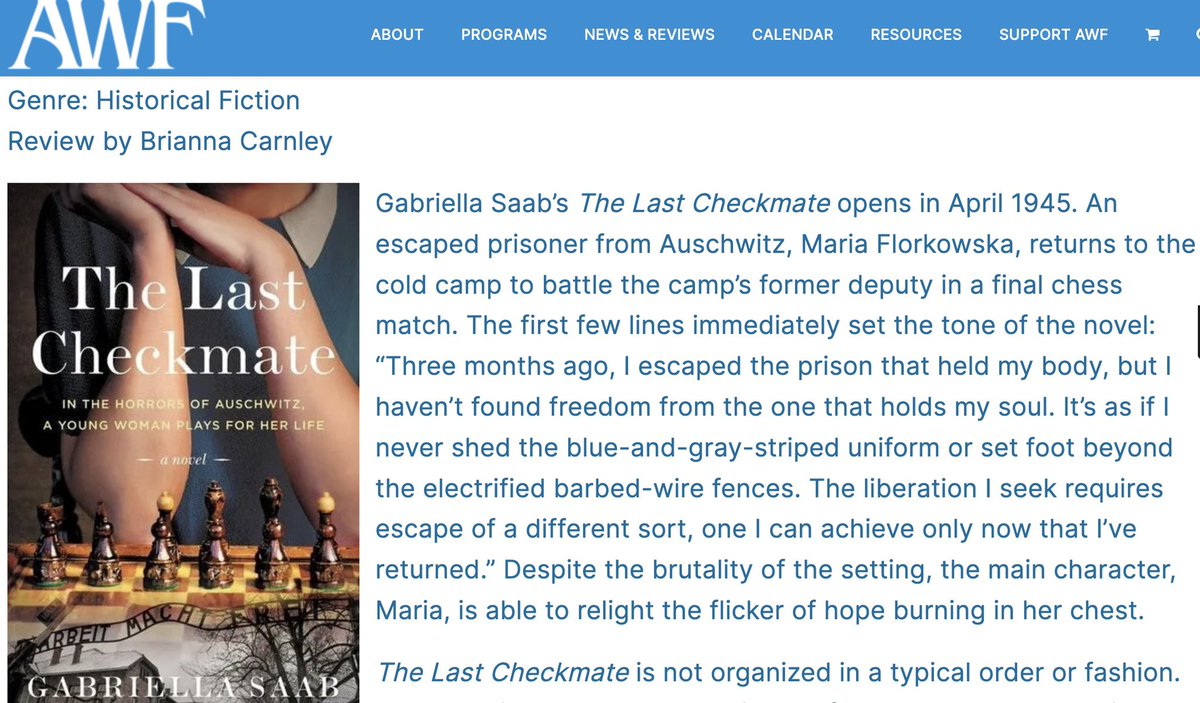 GabriellaSaab_'s tweet photo. “The message of this novel is that no matter how long and how dark the tunnel is, there is always a light at the end.”
Thank you so much to the Alabama Writers’ Forum for this wonderful review of #TheLastCheckmate! Read here: https://t.co/pfGAWoRhWR 📖♟️🤍🖤 https://t.co/VNspS2MWC5