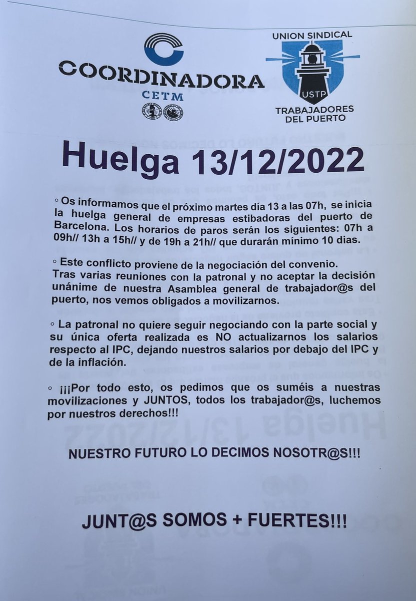 🔴 Se informa, que la parte social que negocia el convenio de l@s Trabajdor@s del Puerto de Barcelona. Ha presentado el Pre-Aviso de Huelga en el @portdebarcelona, para el día #13Diciembre
13/12/22

Adjuntamos imagen de las empresas afectadas por la huelga.

#SoyCoordinadora