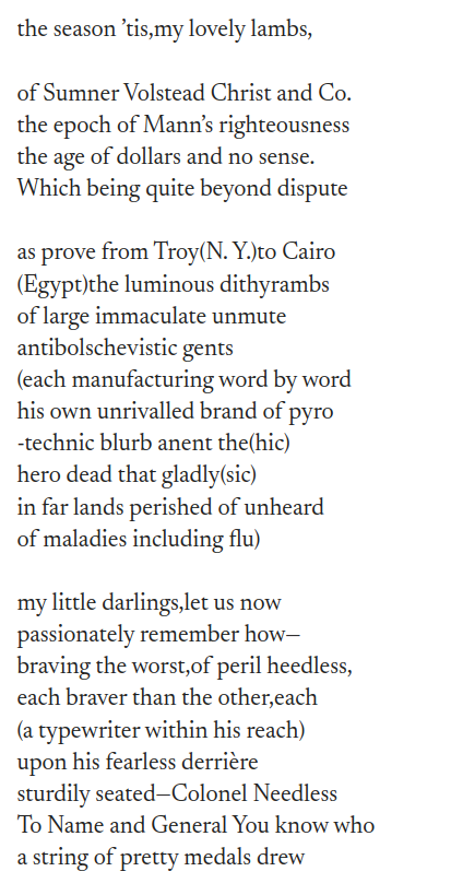 palewire's tweet image. Our man @sts10 is back at it. "the season ’tis,my lovely lambs" is on the board.

cummings.ee/book/is-5/poem…