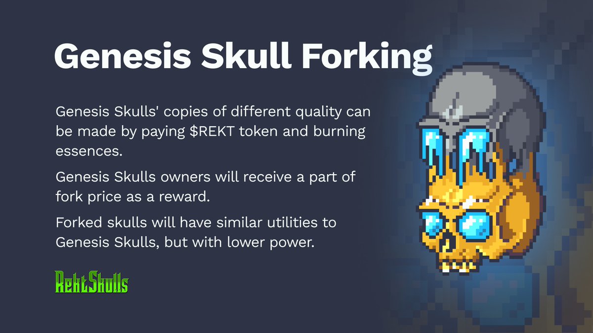 Rekt Skulls (@rektskulls) on Twitter photo Genesis Skull Forking will be the first new mechanic added to the RektSkulls ecosystem couple of months after launch.
It will provide more affordable access to the Skulls. We believe that it will create a basis for communities/guilds/DAOs around Genesis Skulls and forks. Genesis Skull Forking will be the first new mechanic added to the RektSkulls ecosystem couple of months after launch.
It will provide more affordable access to the Skulls. We believe that it will create a basis for communities/guilds/DAOs around Genesis Skulls and forks.