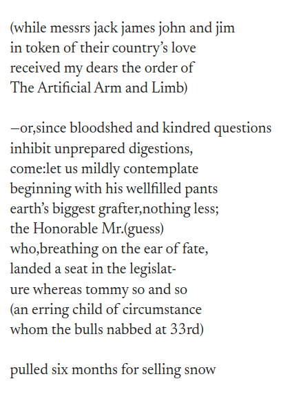 Ben Welsh (@palewire) on Twitter photo Our man <a href="/sts10/">Sam Schlinkert</a> is back at it. "the season ’tis,my lovely lambs" is on the board.
cummings.ee/book/is-5/poem… Our man <a href="/sts10/">Sam Schlinkert</a> is back at it. "the season ’tis,my lovely lambs" is on the board.
cummings.ee/book/is-5/poem…