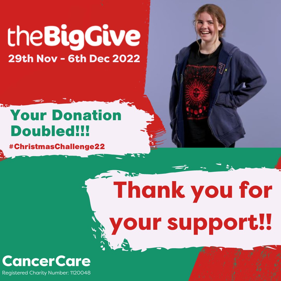 A BIG thank you to everyone who supported Cancer Care’s Big Give Christmas Challenge! You helped to raise an incredible £8729.14 (inc gift aid) in just 7 days, funds which will make a difference to people facing cancer or bereavement this Christmas🎅#ChristmasChallenge22