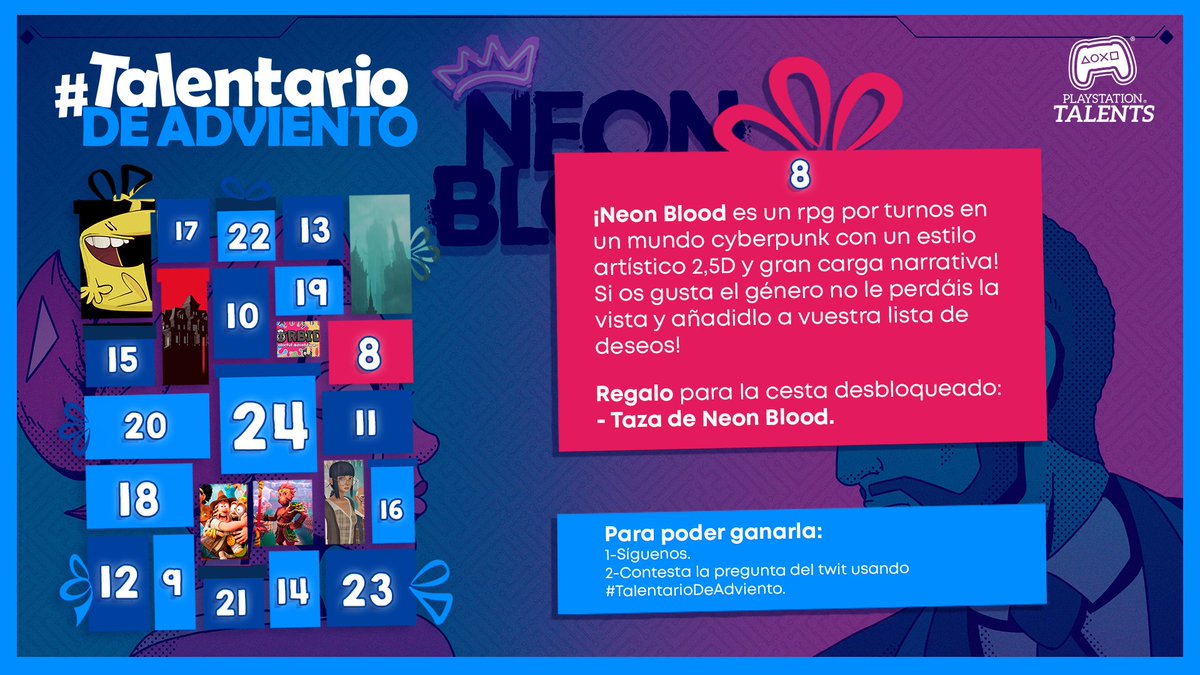 PSTalents's tweet image. ¡#NeonBlood🧠⚡️ se une al #TalentarioDeAdviento!

No pierdas de vista el Talentario de adviento🎁, cada día un regalo se añade a la cesta.

Para ganarla👇
1⃣Síguenos.
2⃣Comenta usando #TalentarioDeAdviento cuál es tu jrpg favorito.

¡Participa cada día!