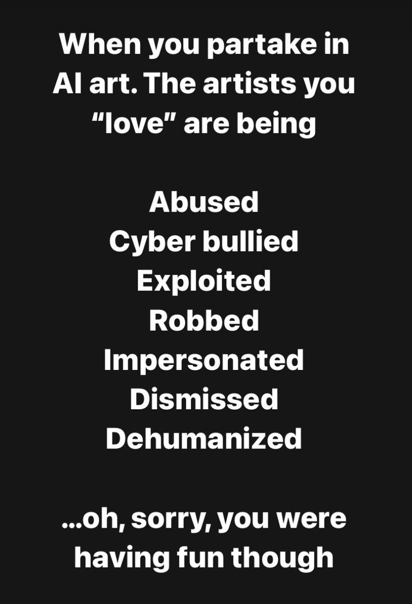 JonLamArt's tweet image. The TRUTH. None of us consented. You are
Stealing out Identities through our art, personal data and signature styles. Hell, even our signatures

#aiart #art #artcommunity