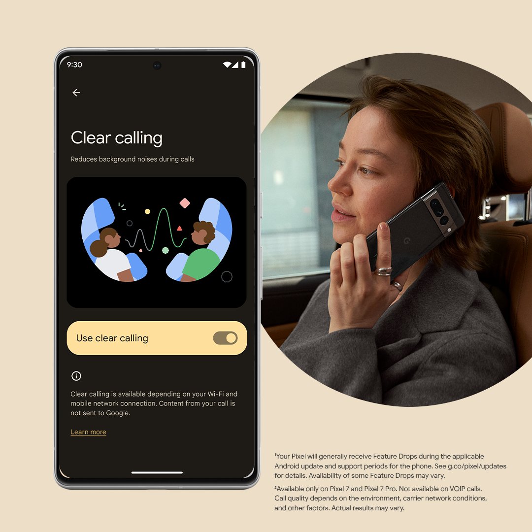 Cut the background noise on the other line with Pixel’s latest #FeatureDrop.¹ 🗣️

Clear calling reduces the other caller’s background noise and enhances their voice to help you hear them when they’re in a noisy place.²

Learn more on our blog: goo.gle/featdropdec22