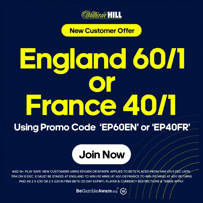 BetBee's tweet photo. Whether you fancy England or France to win inside 90 minutes, William Hill can help with that...

Those not with the bookie can get an enhanced 60/1 for the #ThreeLions to win, while France are available at 40/1 🏴󠁧󠁢󠁥󠁮󠁧󠁿🇫🇷

New Customer Offer | T&amp;C's Apply | BeGambleAware | 18+ #AD