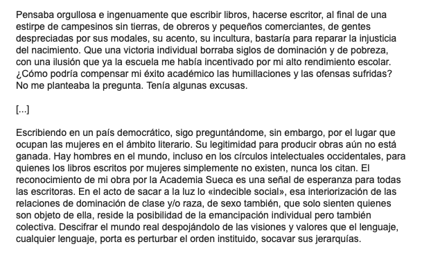 MariaMercromina's tweet photo. estos fragmentos del discurso leído hoy en la academia sueca por Annie Ernaux. Traducción de Lydia Vázquez 
Gracias, @Edit_Cabaret 🖤 https://t.co/Qj6xM6Ryy2